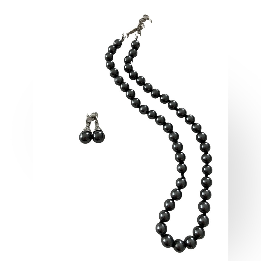 Hematite Round Beaded Necklace with Matching Drop Beaded Earrings Set